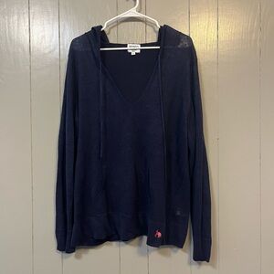 Hiho Sweater Womens XL Blue Linen Hooded V Neck Pullover Pocket Lightweight